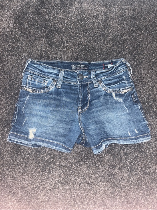 Silver Jeans Pants - 2000’s Silver Dark Blue Distressed Denim Shorts